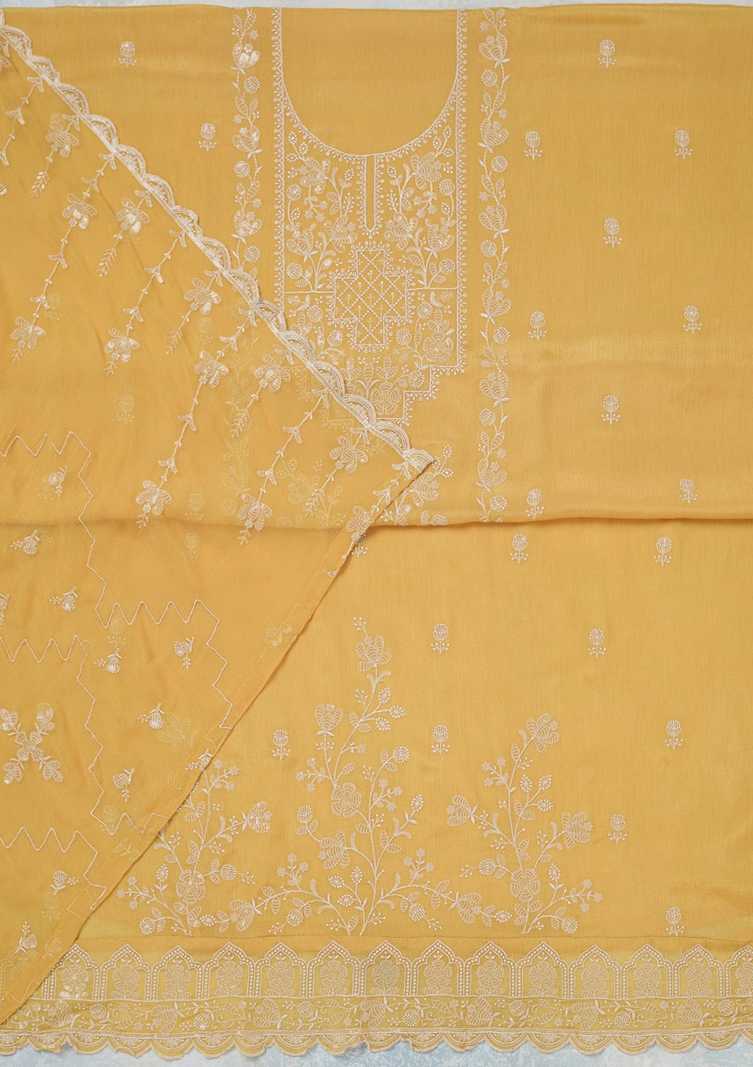 Yellow Threadwork Chinon Unstitched Salwar Suit-Koskii