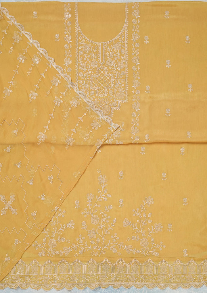 Yellow Threadwork Chinon Unstitched Salwar Suit-Koskii