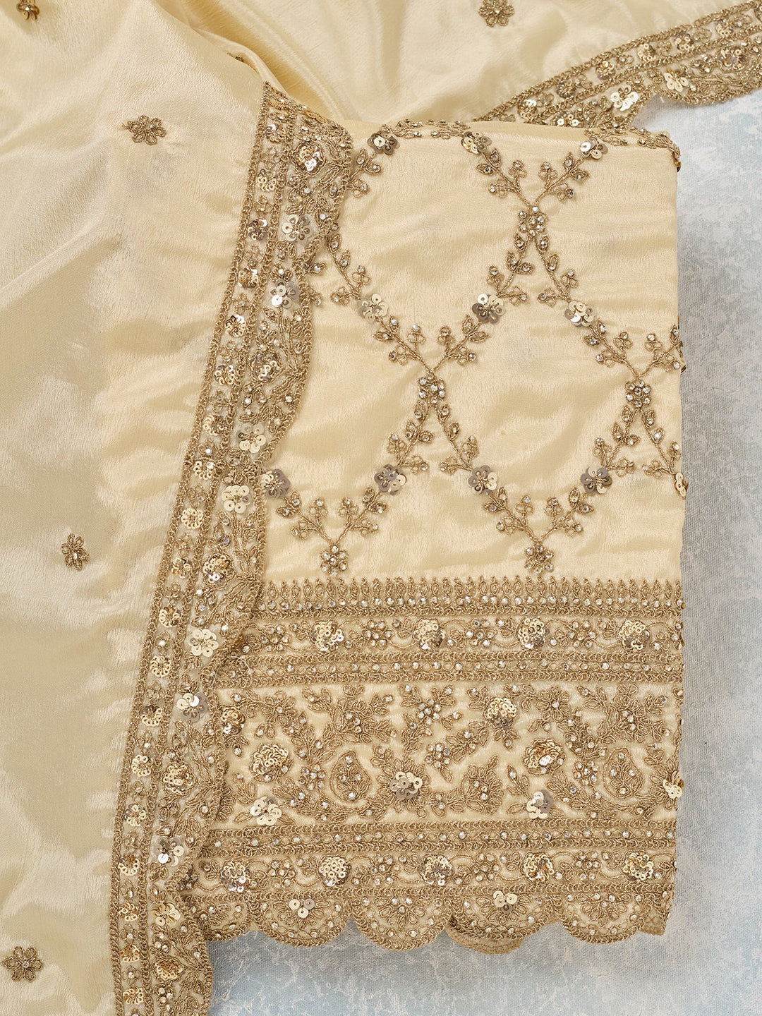 Cream Zariwork (Gold) Chinon Unstitched Salwar Suit