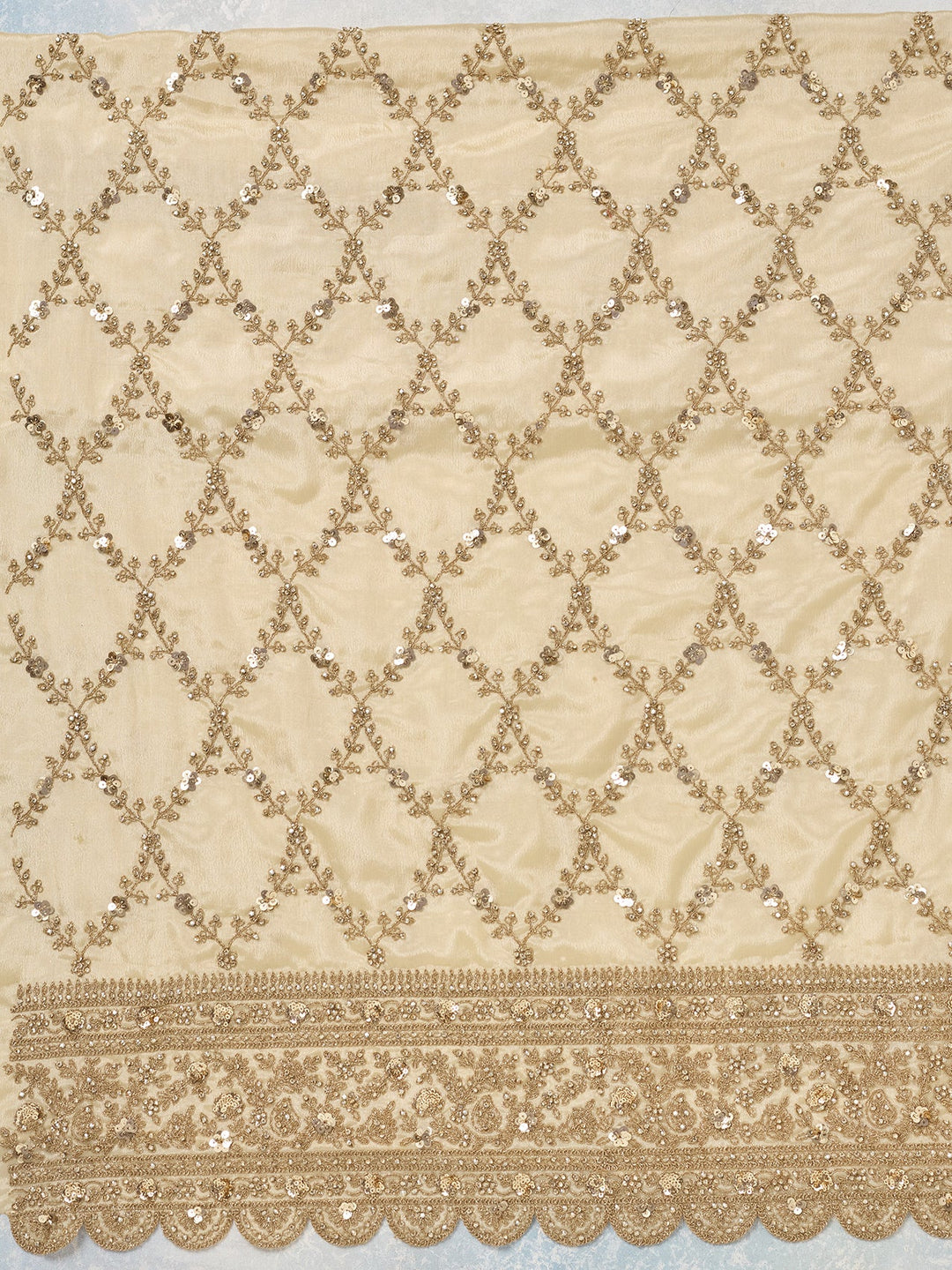 Cream Zariwork (Gold) Chinon Unstitched Salwar Suit