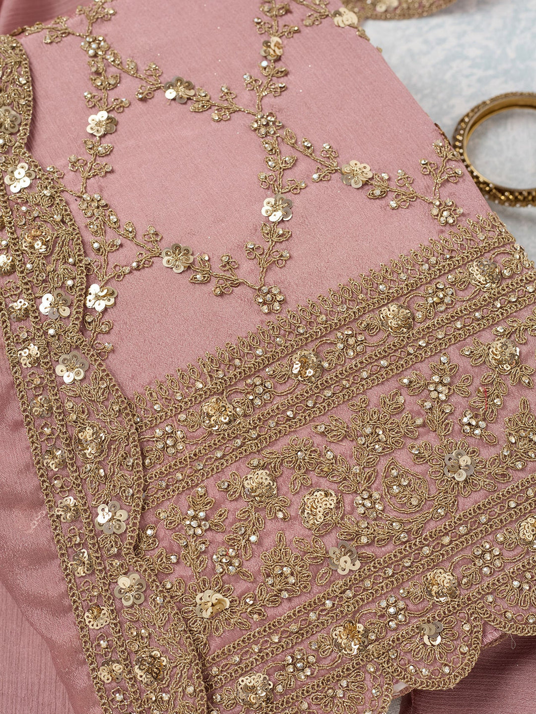Onion Pink Zariwork (Gold) Chinon Unstitched Salwar Suit