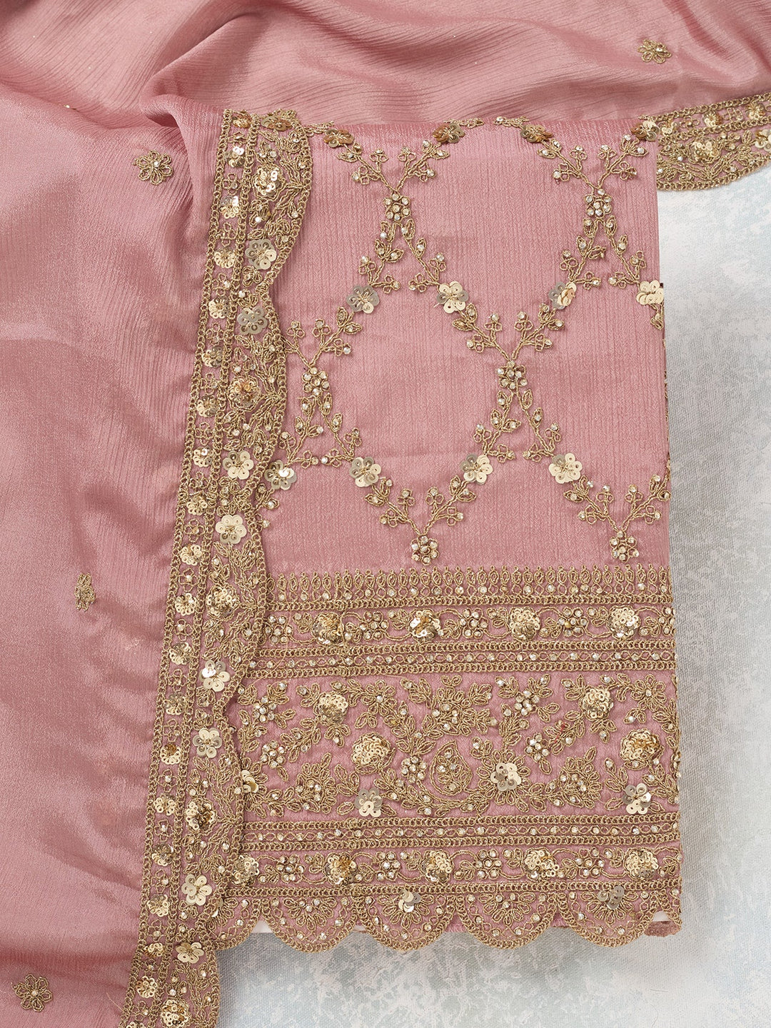 Onion Pink Zariwork (Gold) Chinon Unstitched Salwar Suit