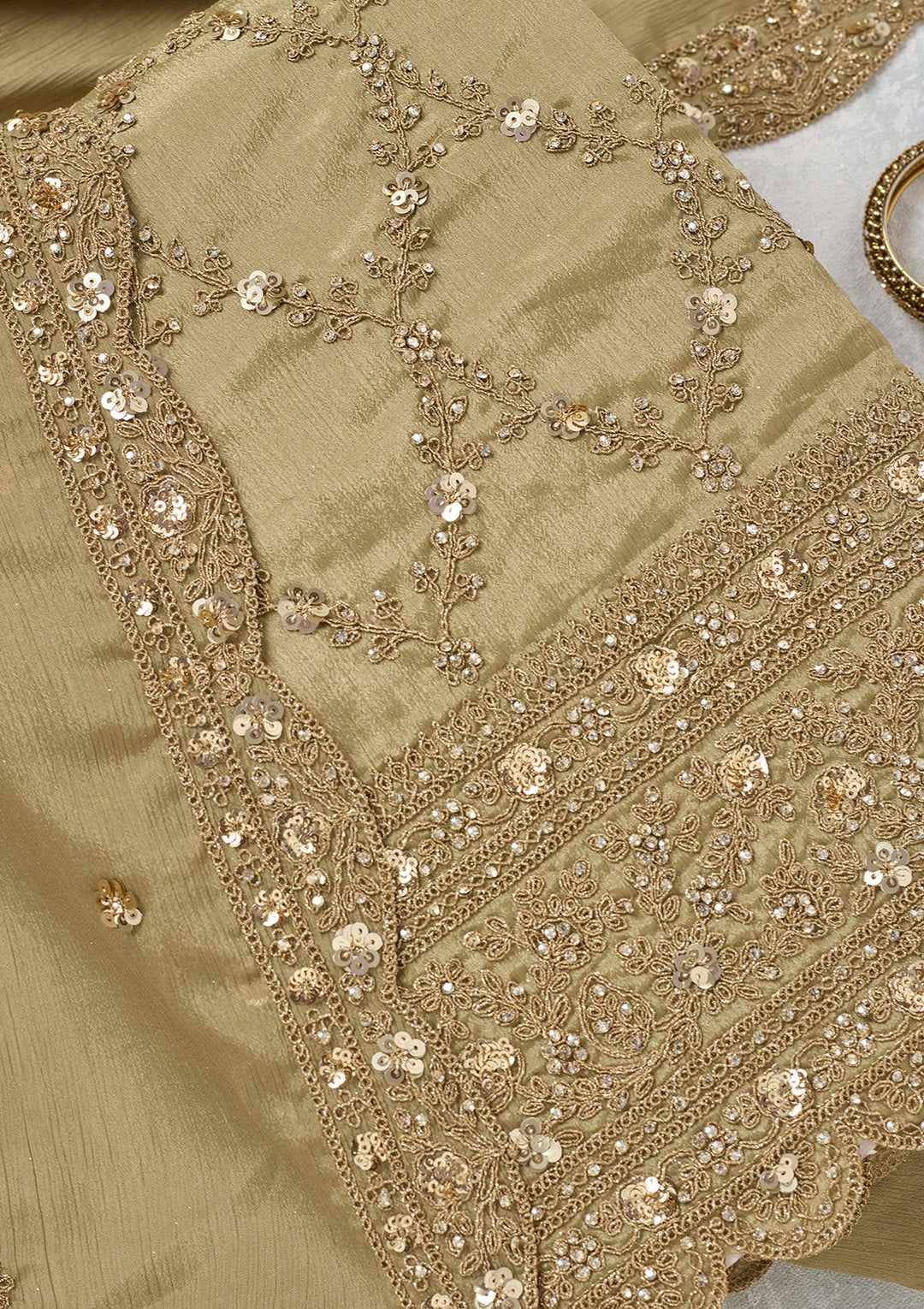 Pista Green Zariwork (Gold) Chinon Unstitched Salwar Suit