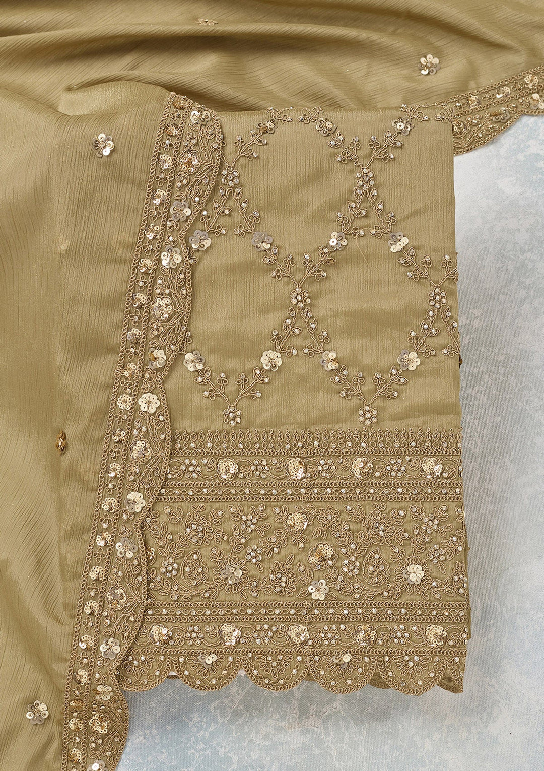 Pista Green Zariwork (Gold) Chinon Unstitched Salwar Suit