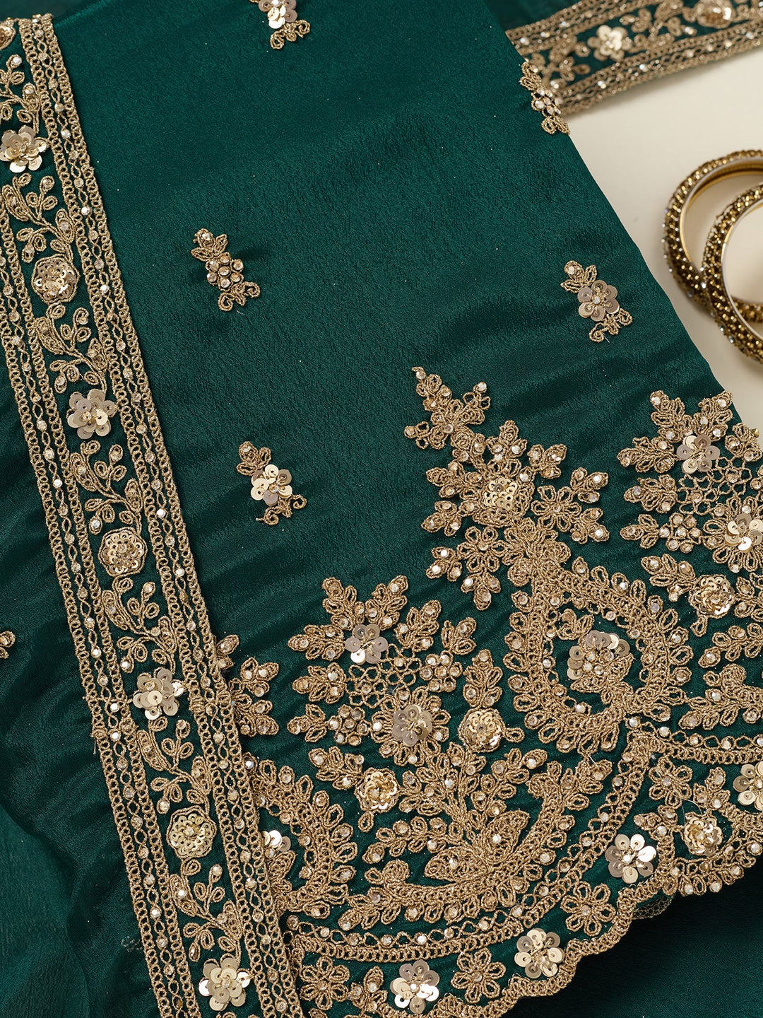 Peacock Green Zariwork (Gold) Chinon Unstitched Salwar Suit
