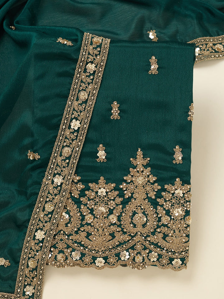 Peacock Green Zariwork (Gold) Chinon Unstitched Salwar Suit