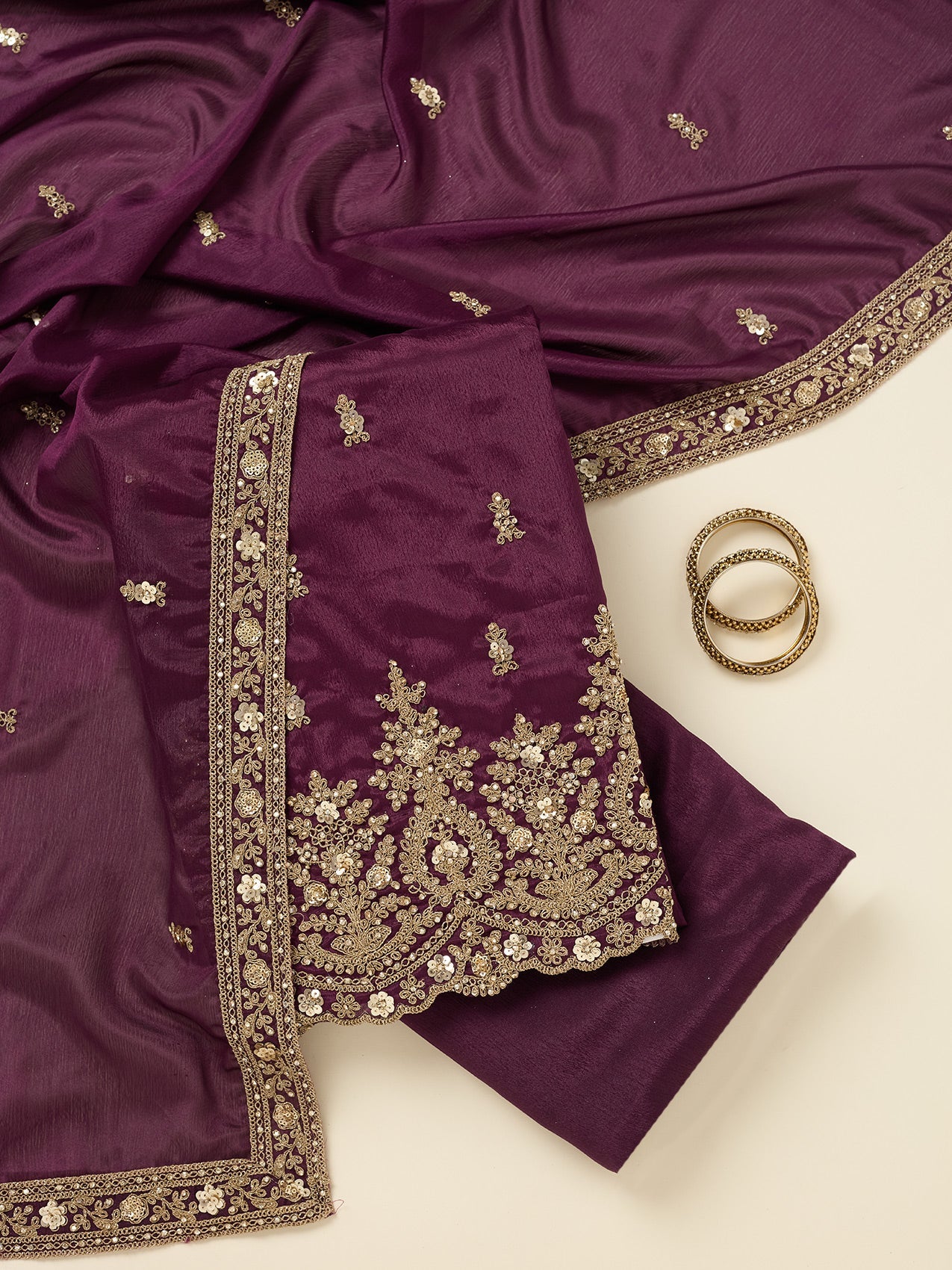 Purple Zariwork (Gold) Chinon Unstitched Salwar Suit