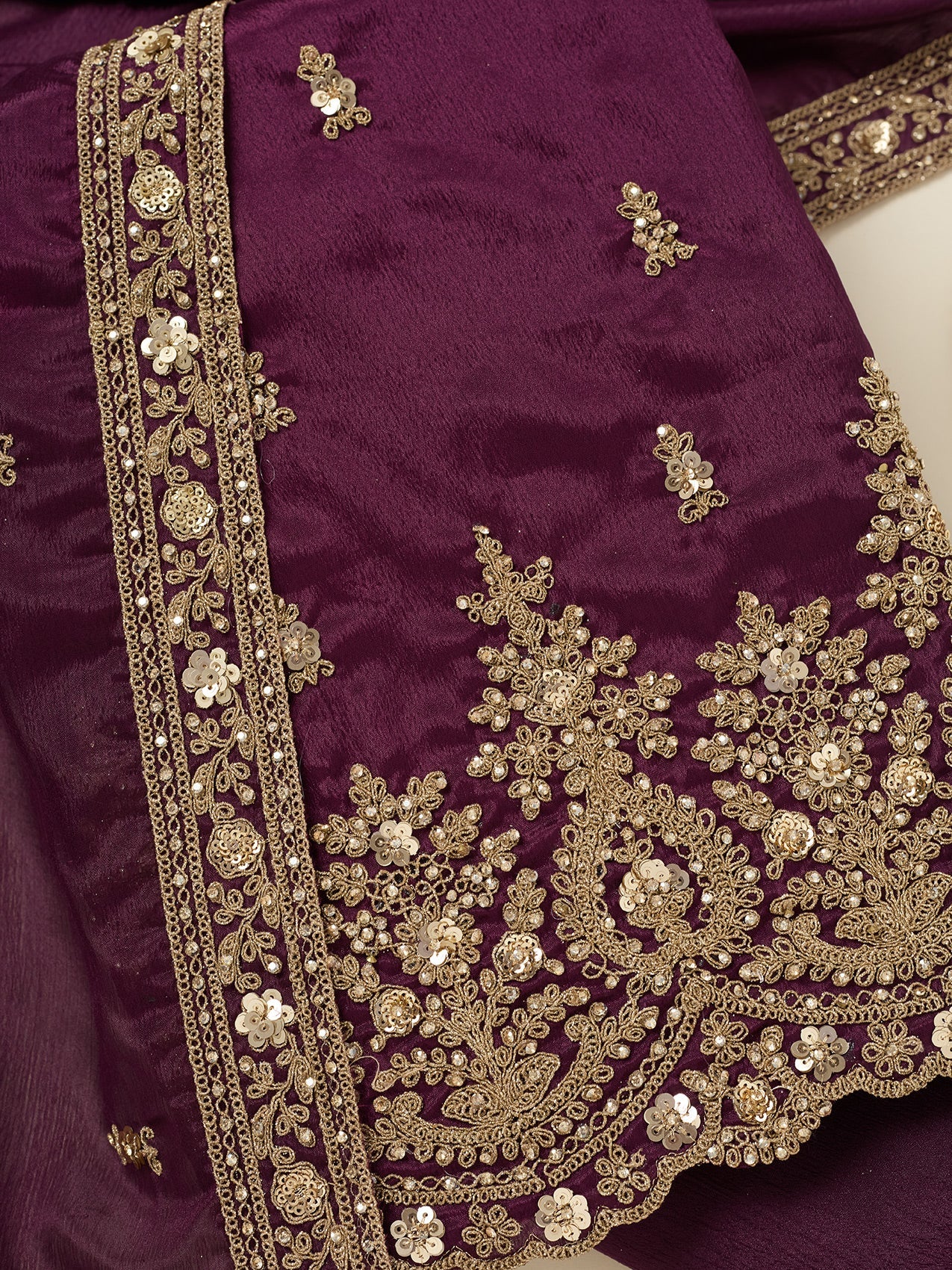 Purple Zariwork (Gold) Chinon Unstitched Salwar Suit