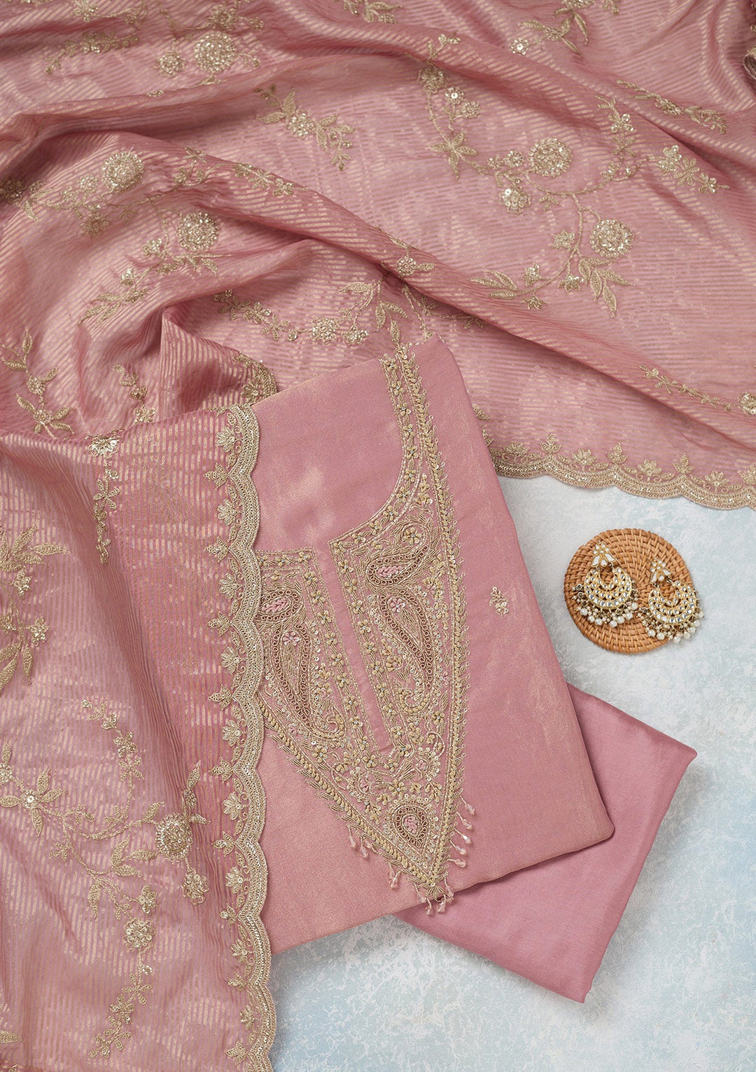 Onion Pink Zariwork (Gold) Tissue Unstitched Salwar Suit-Koskii