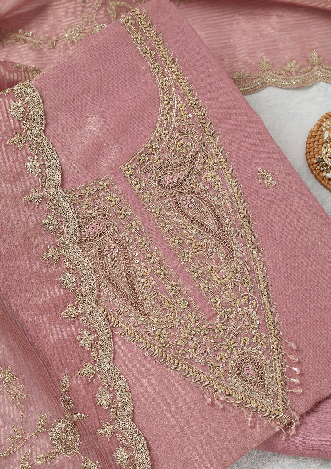 Onion Pink Zariwork (Gold) Tissue Unstitched Salwar Suit-Koskii