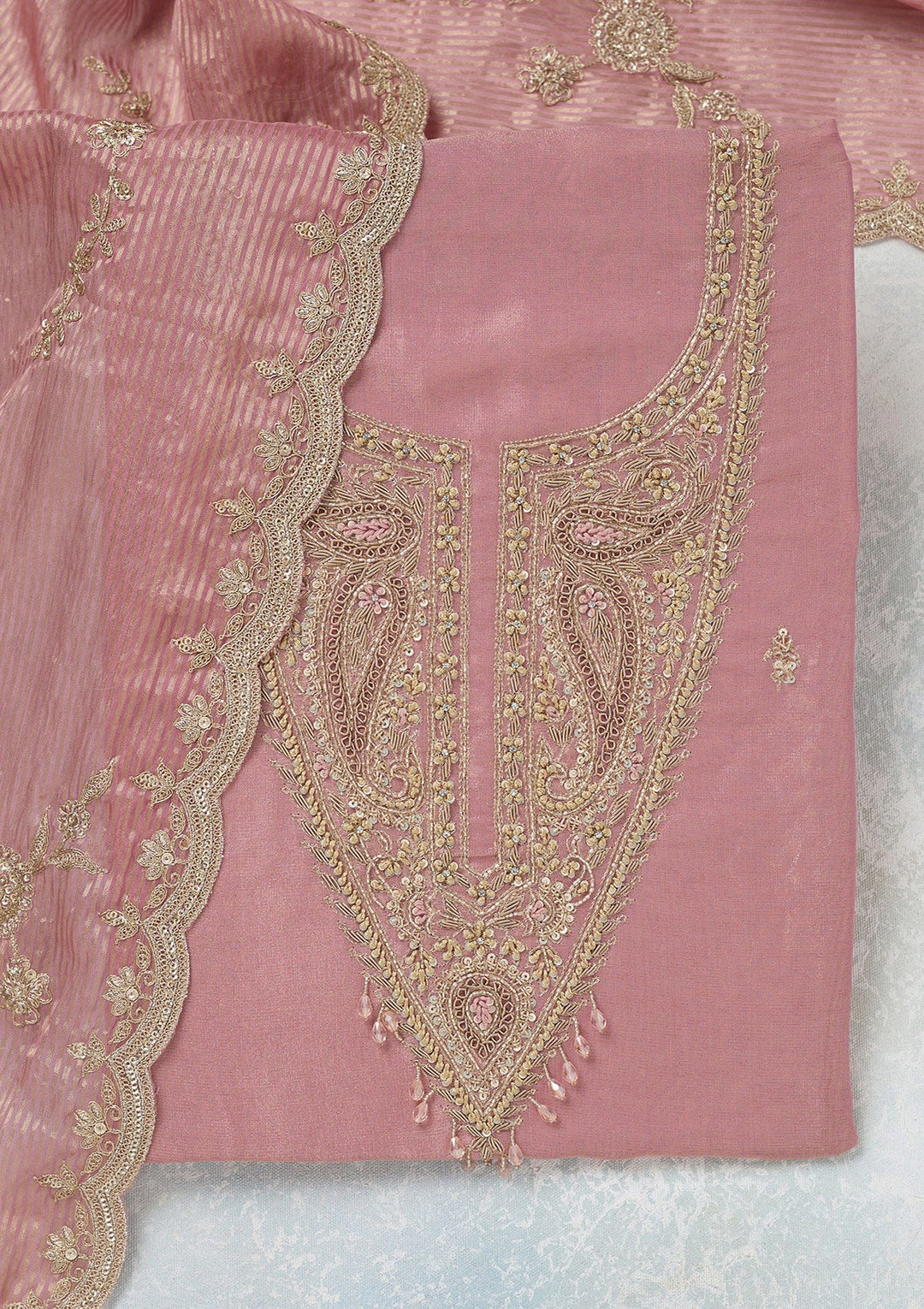 Onion Pink Zariwork (Gold) Tissue Unstitched Salwar Suit-Koskii