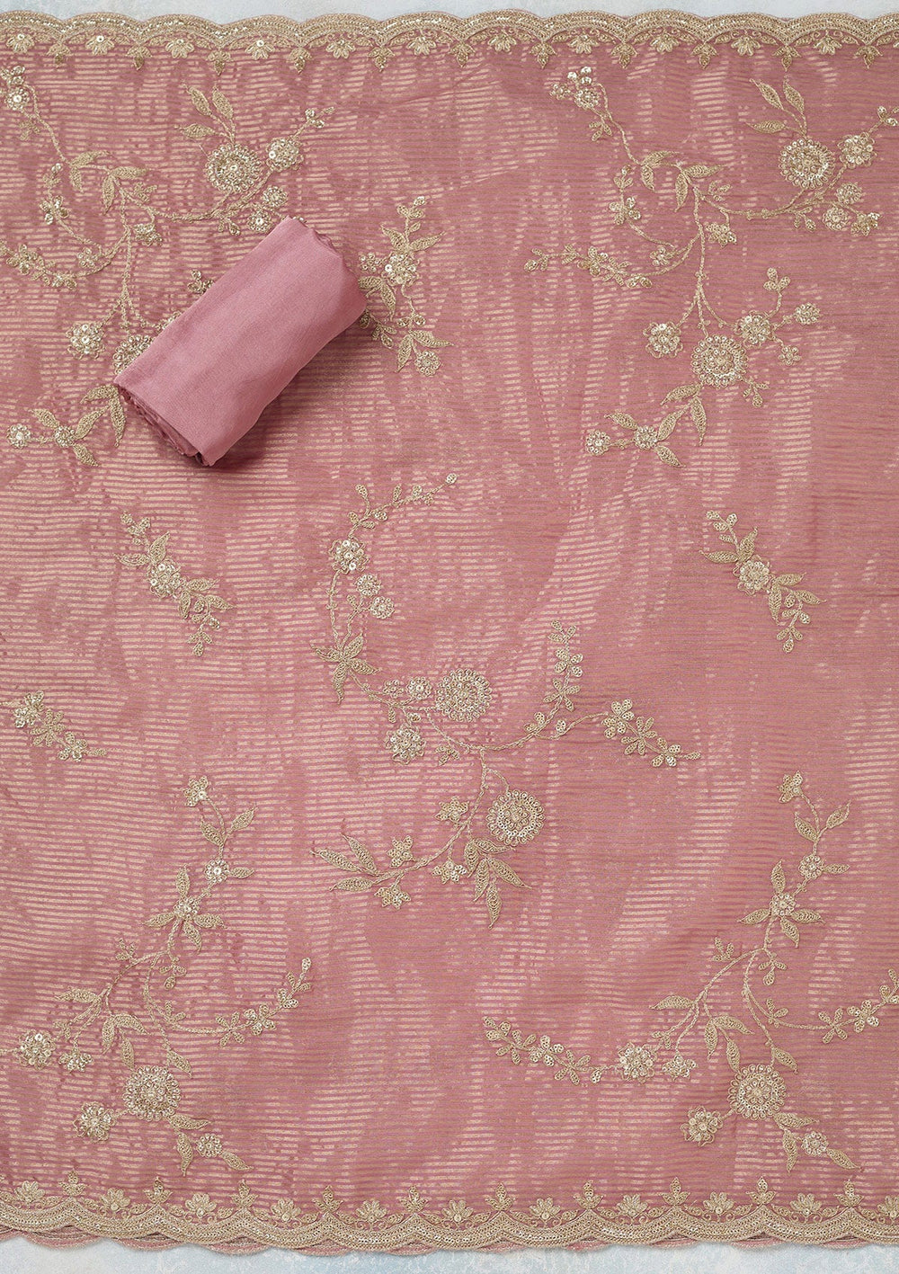 Onion Pink Zariwork (Gold) Tissue Unstitched Salwar Suit-Koskii