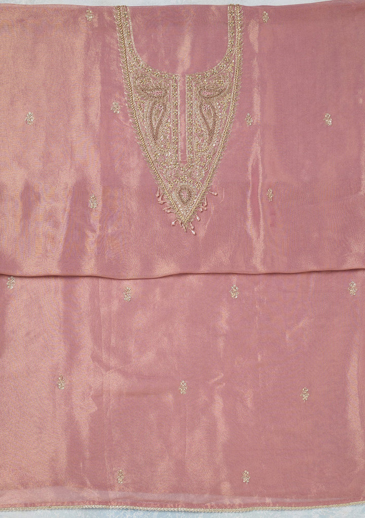 Onion Pink Zariwork (Gold) Tissue Unstitched Salwar Suit-Koskii
