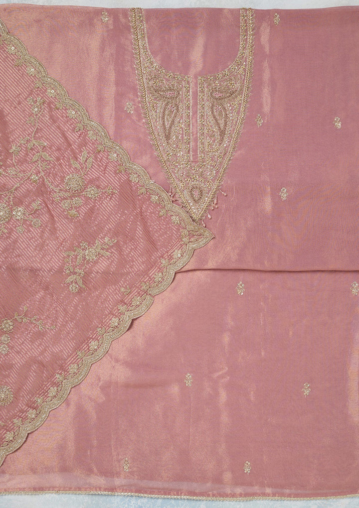 Onion Pink Zariwork (Gold) Tissue Unstitched Salwar Suit-Koskii