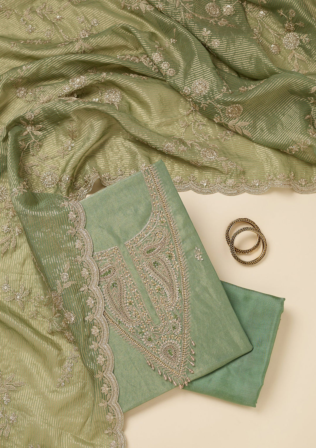 Pista Green Zariwork (Gold) Tissue Unstitched Salwar Suit-Koskii