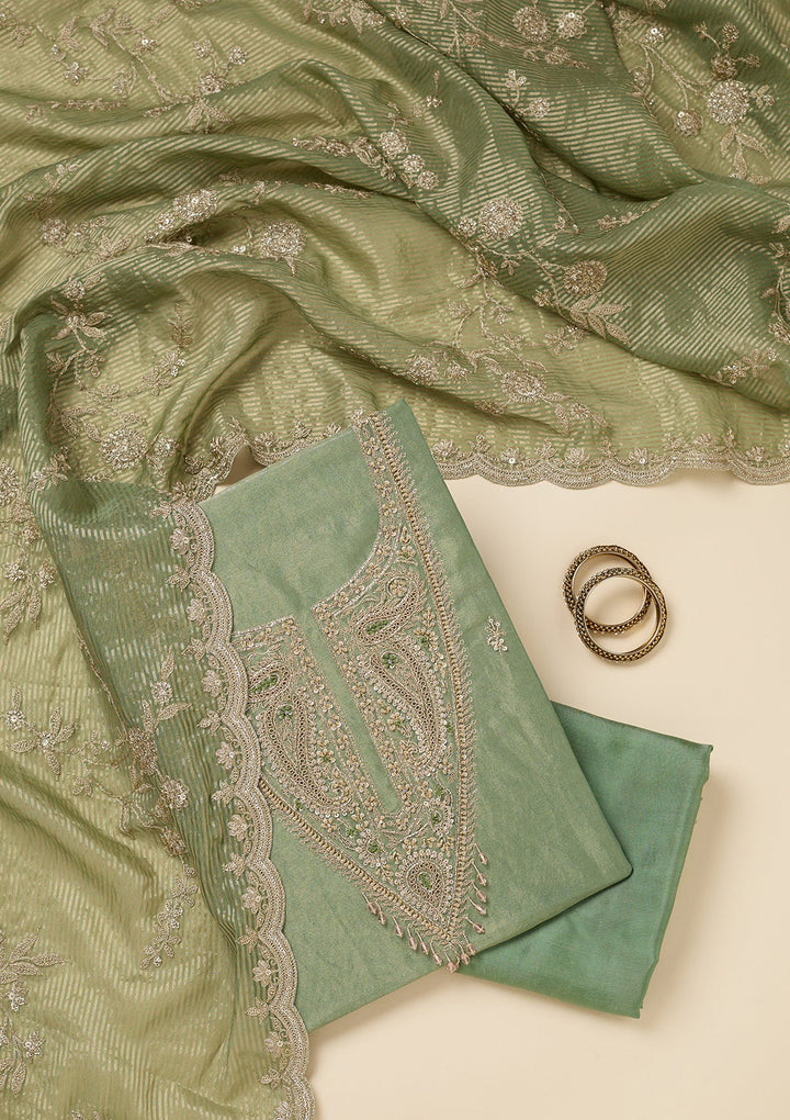 Pista Green Zariwork (Gold) Tissue Unstitched Salwar Suit-Koskii