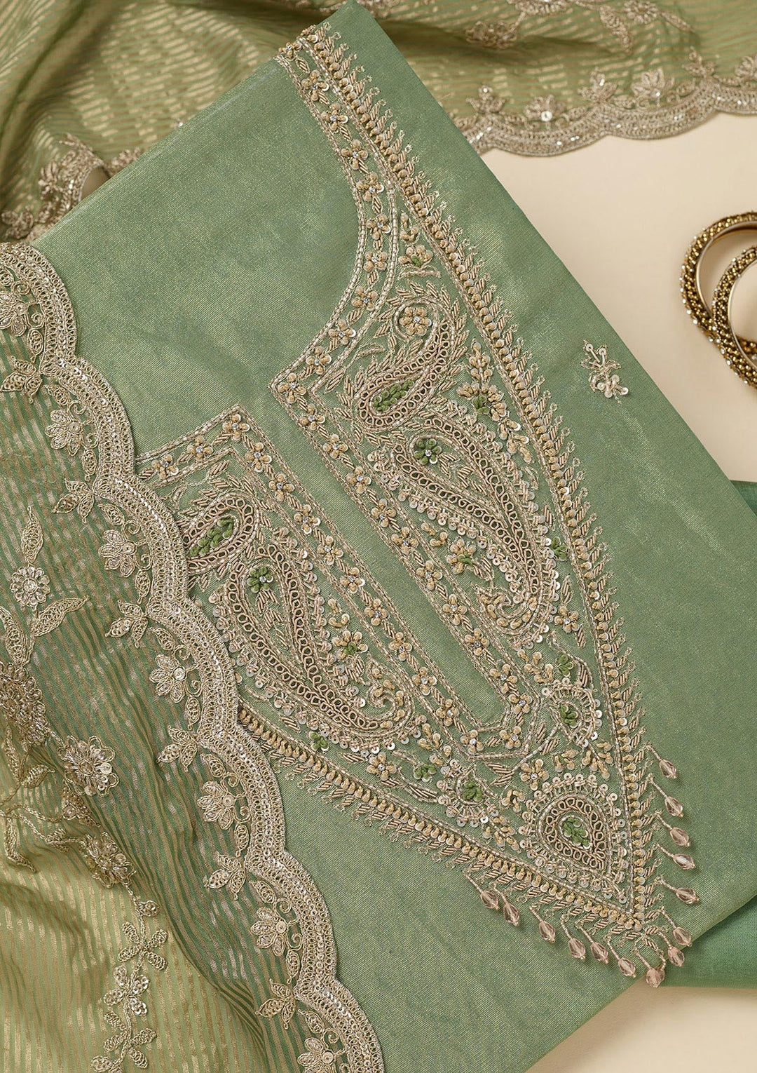 Pista Green Zariwork (Gold) Tissue Unstitched Salwar Suit-Koskii