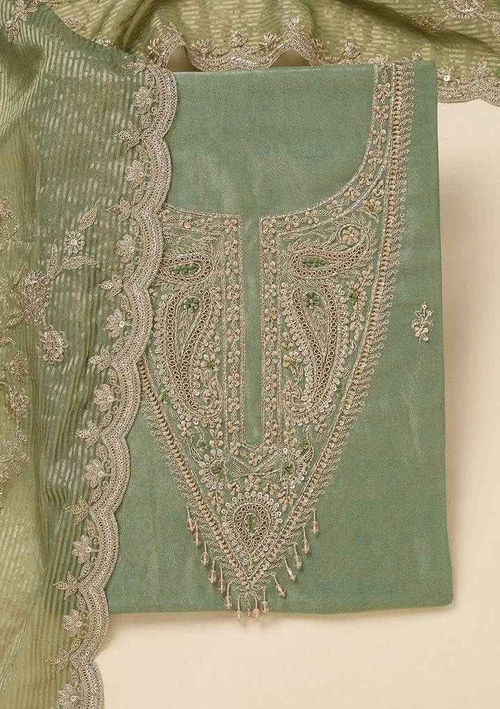 Pista Green Zariwork (Gold) Tissue Unstitched Salwar Suit-Koskii