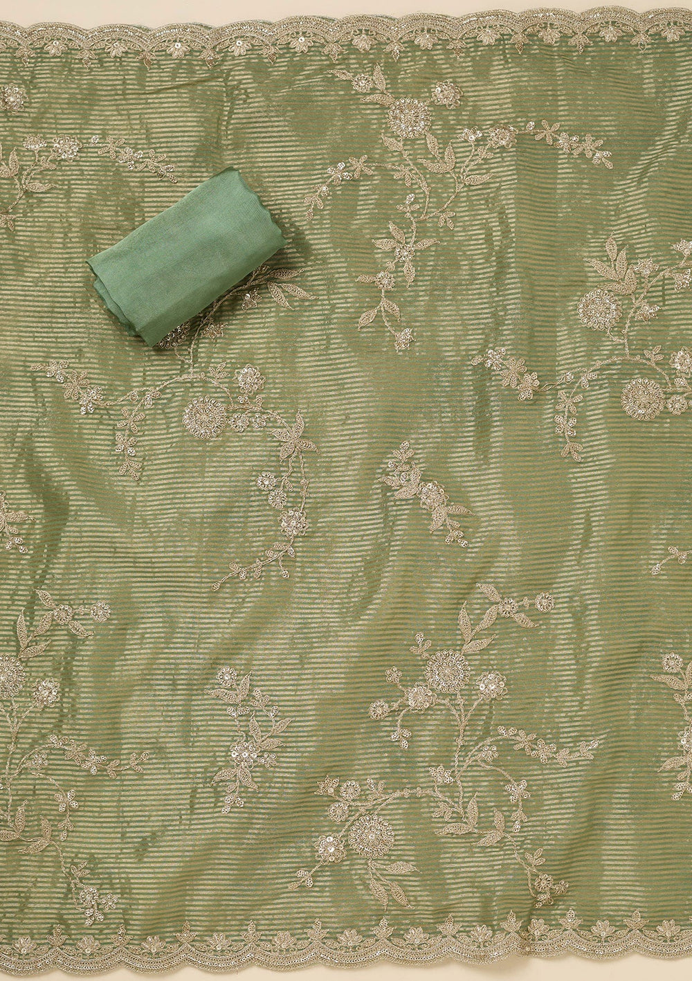 Pista Green Zariwork (Gold) Tissue Unstitched Salwar Suit-Koskii