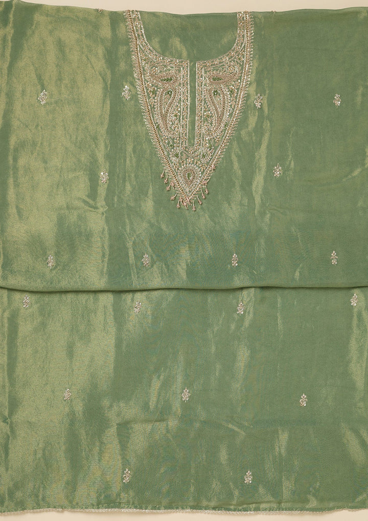 Pista Green Zariwork (Gold) Tissue Unstitched Salwar Suit-Koskii