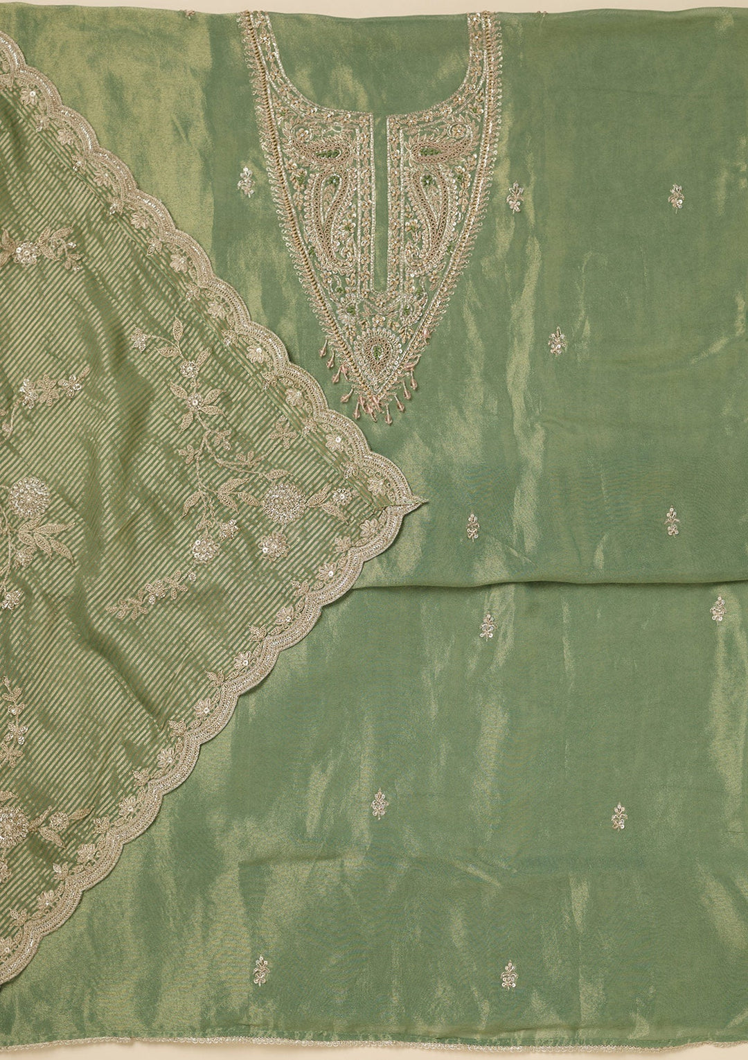 Pista Green Zariwork (Gold) Tissue Unstitched Salwar Suit-Koskii