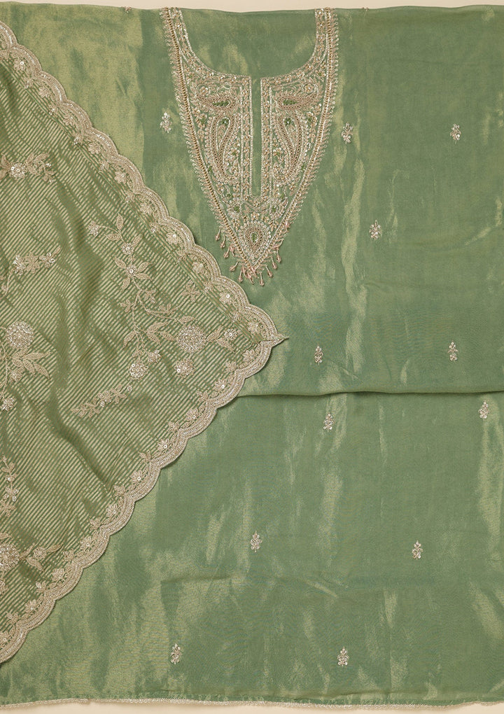 Pista Green Zariwork (Gold) Tissue Unstitched Salwar Suit-Koskii