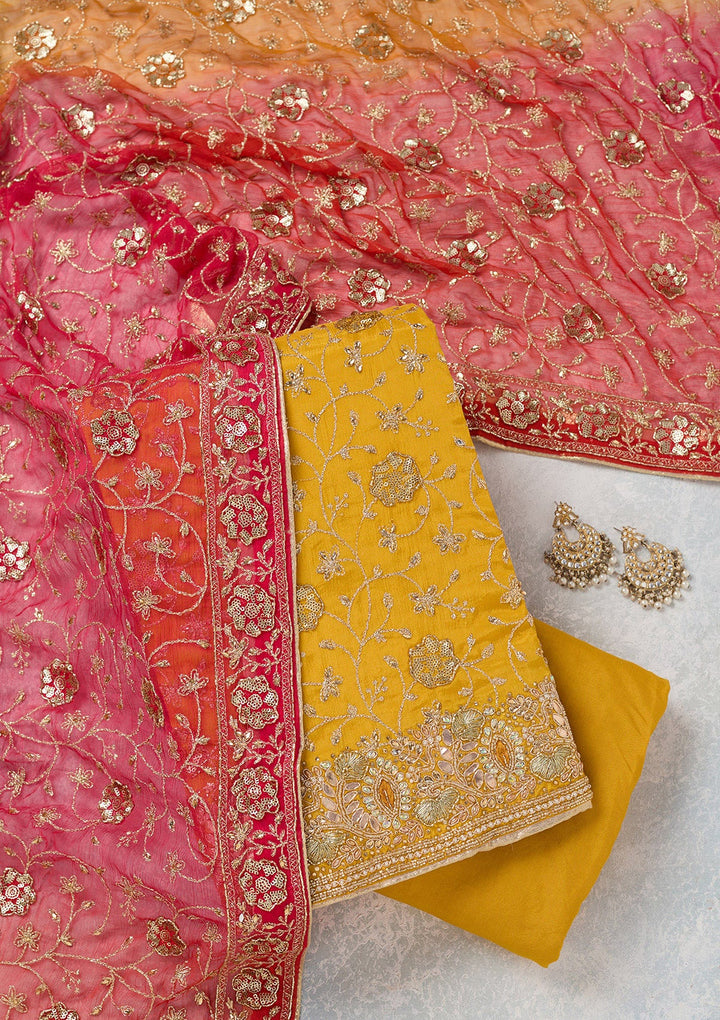 Mustard Zariwork Georgette Unstitched Salwar Suit-koskii