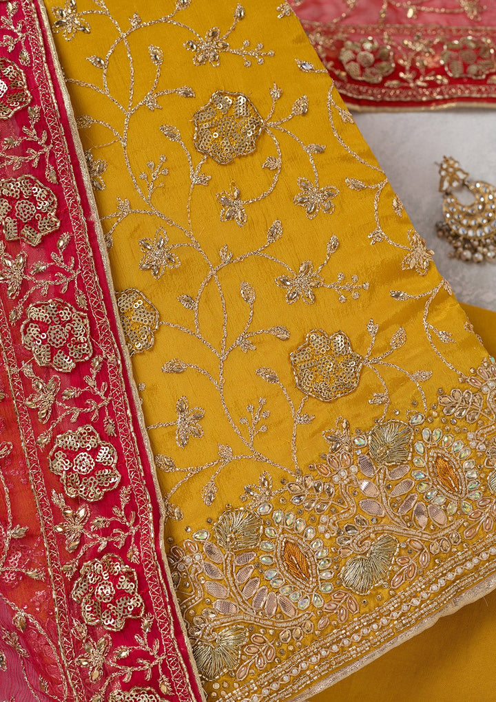 Mustard Zariwork Georgette Unstitched Salwar Suit-koskii