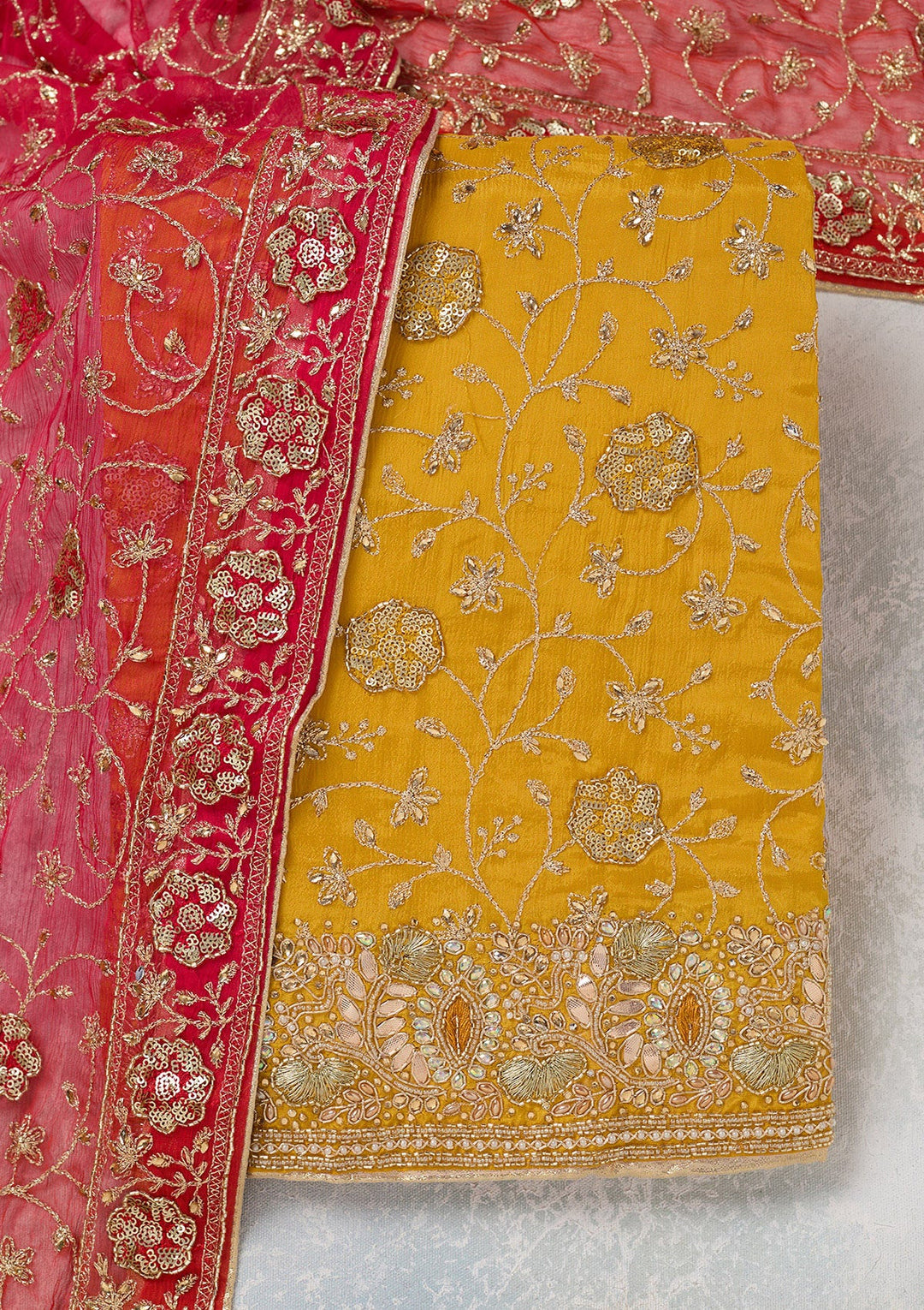 Mustard Zariwork Georgette Unstitched Salwar Suit-koskii