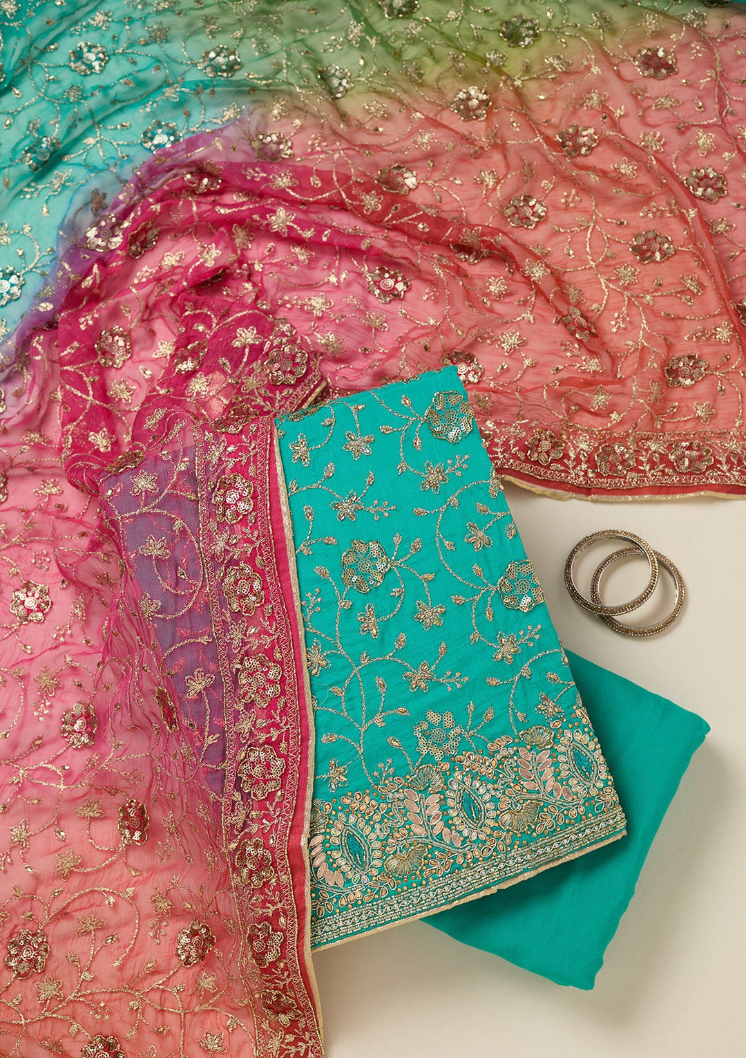 Turquoise Blue Zariwork Georgette Unstitched Salwar Suit-koskii