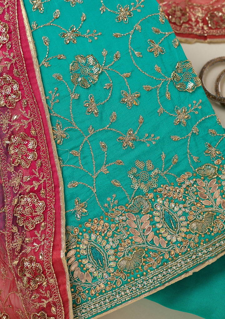 Turquoise Blue Zariwork Georgette Unstitched Salwar Suit-koskii