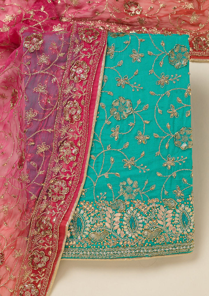 Turquoise Blue Zariwork Georgette Unstitched Salwar Suit-koskii