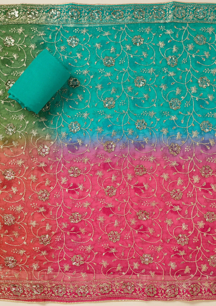 Turquoise Blue Zariwork Georgette Unstitched Salwar Suit-koskii