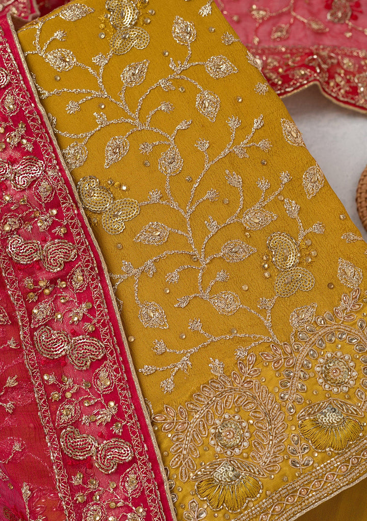 Mustard Zariwork Georgette Unstitched Salwar Suit-koskii