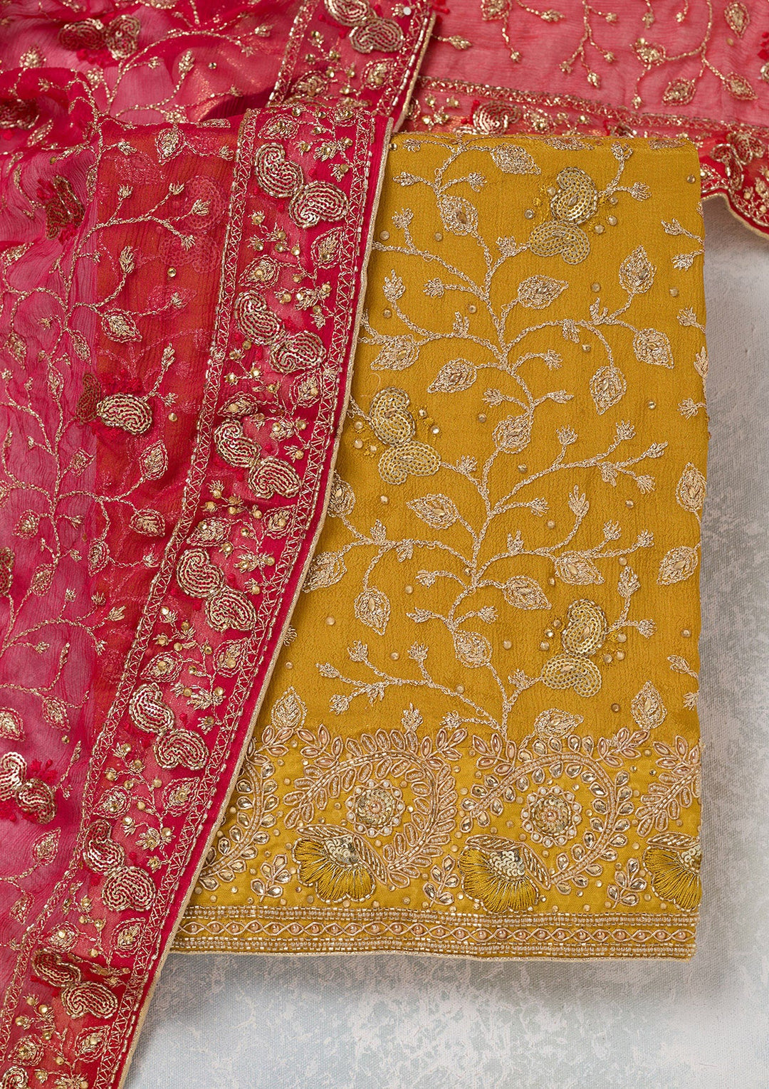 Mustard Zariwork Georgette Unstitched Salwar Suit-koskii