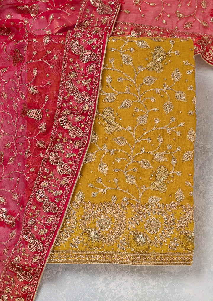 Mustard Zariwork Georgette Unstitched Salwar Suit-koskii