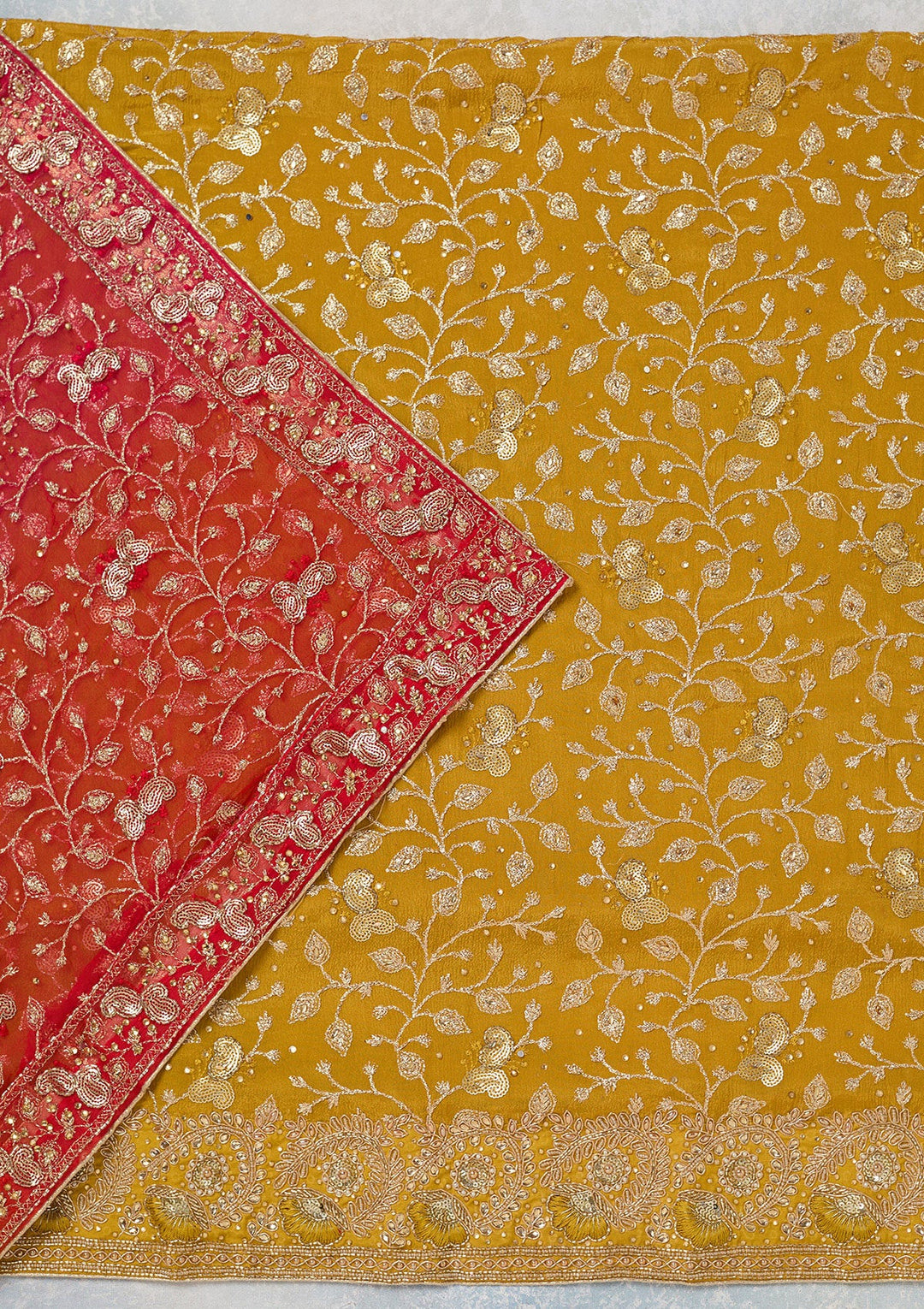 Mustard Zariwork Georgette Unstitched Salwar Suit-koskii