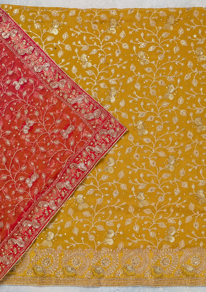 Mustard Zariwork Georgette Unstitched Salwar Suit-koskii