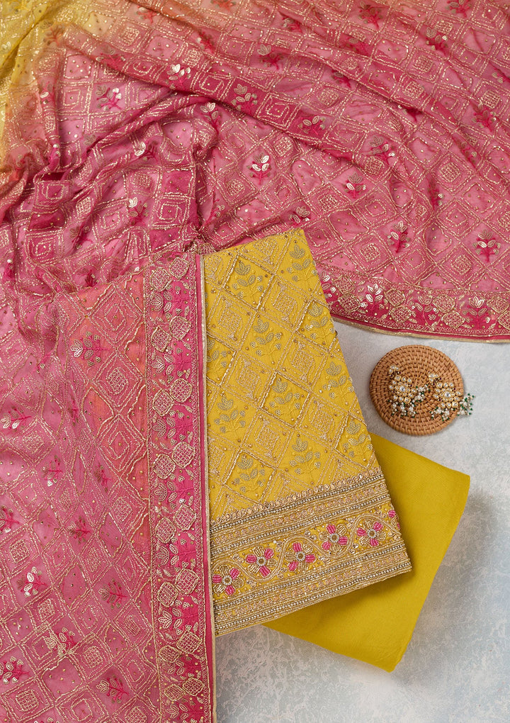 Mustard Zariwork Georgette Unstitched Salwar Suit-koskii