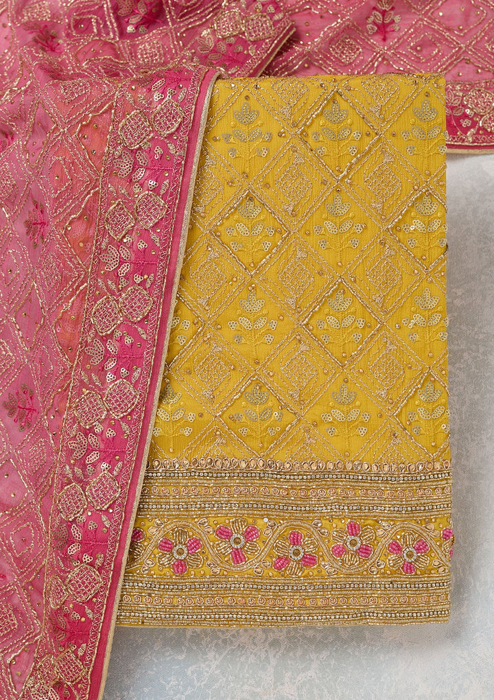Mustard Zariwork Georgette Unstitched Salwar Suit-koskii