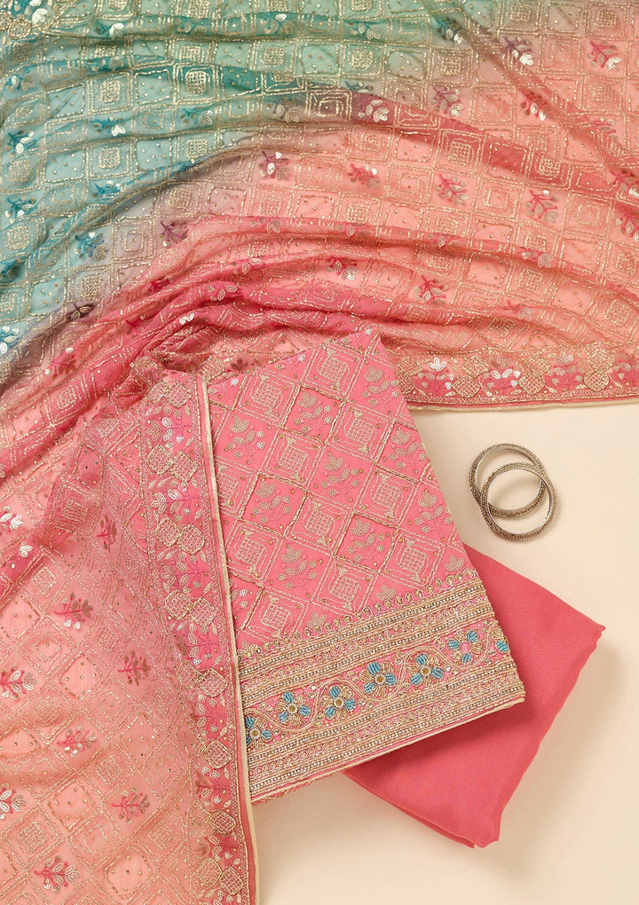 Onion Pink Zardozi (Gold) Georgette Unstitched Salwar Suit-koskii