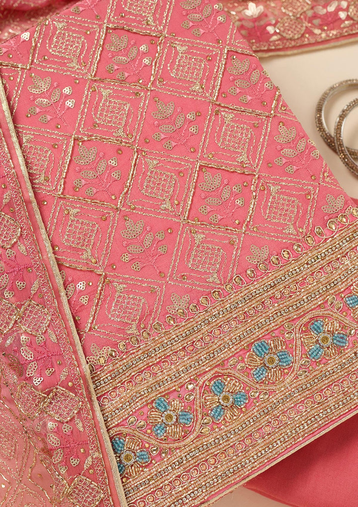 Onion Pink Zardozi (Gold) Georgette Unstitched Salwar Suit
