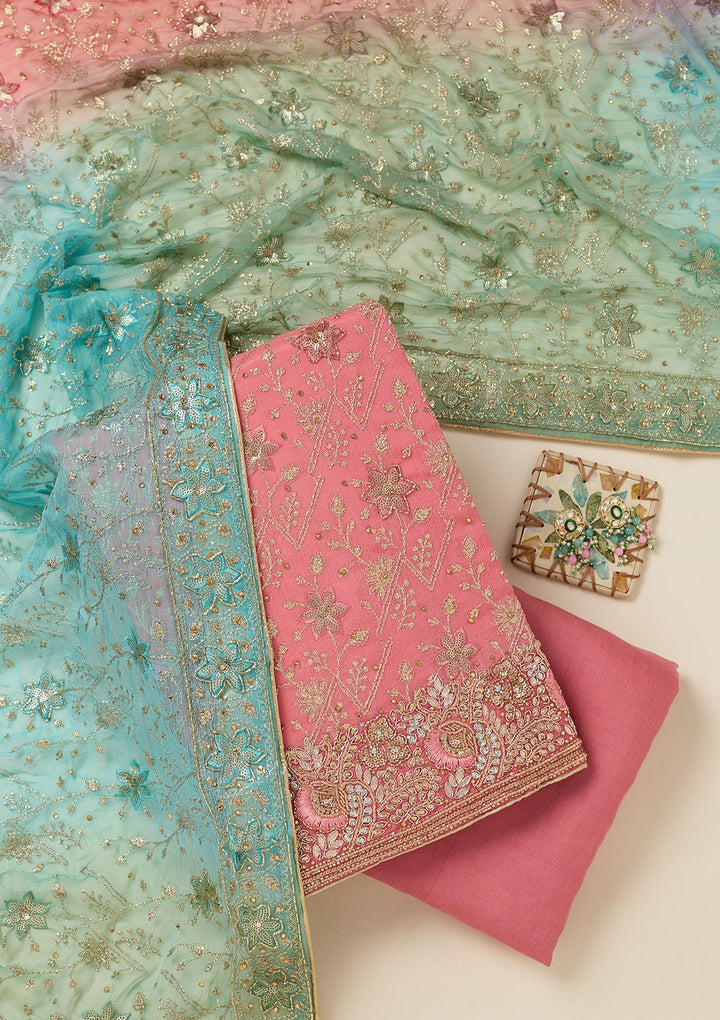 Peach Zariwork Georgette Unstitched Salwar Suit-koskii