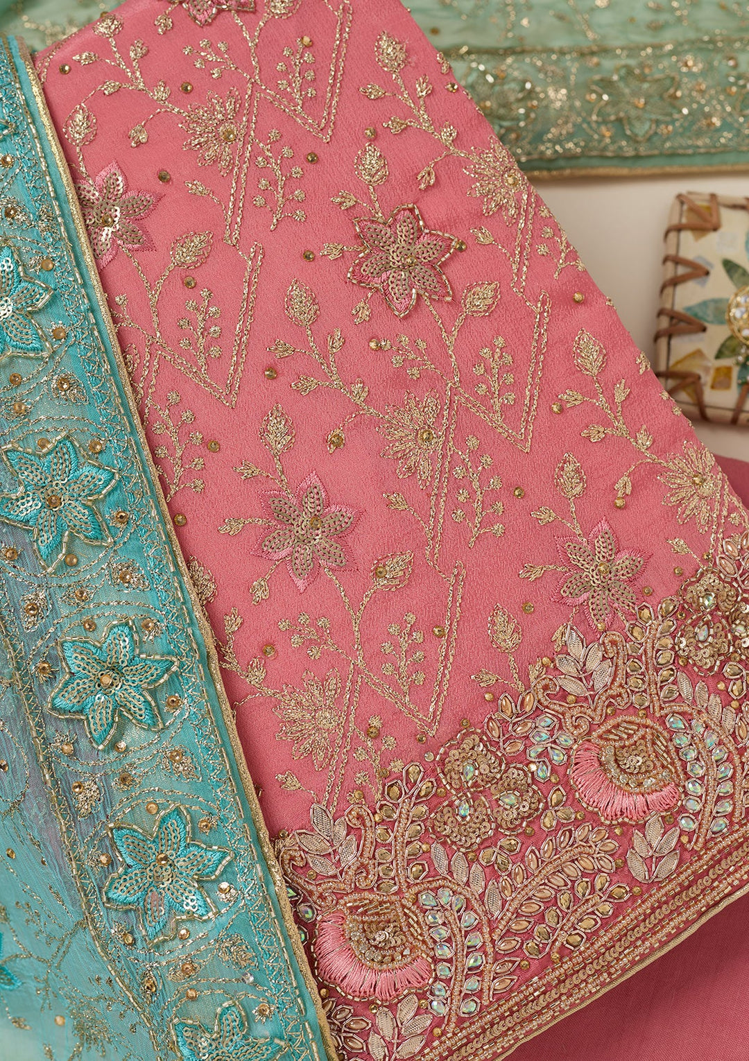 Peach Zariwork Georgette Unstitched Salwar Suit-koskii