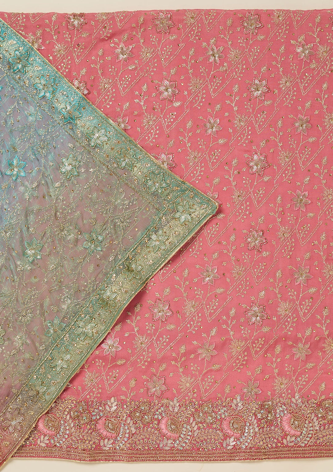 Peach Zariwork Georgette Unstitched Salwar Suit-koskii