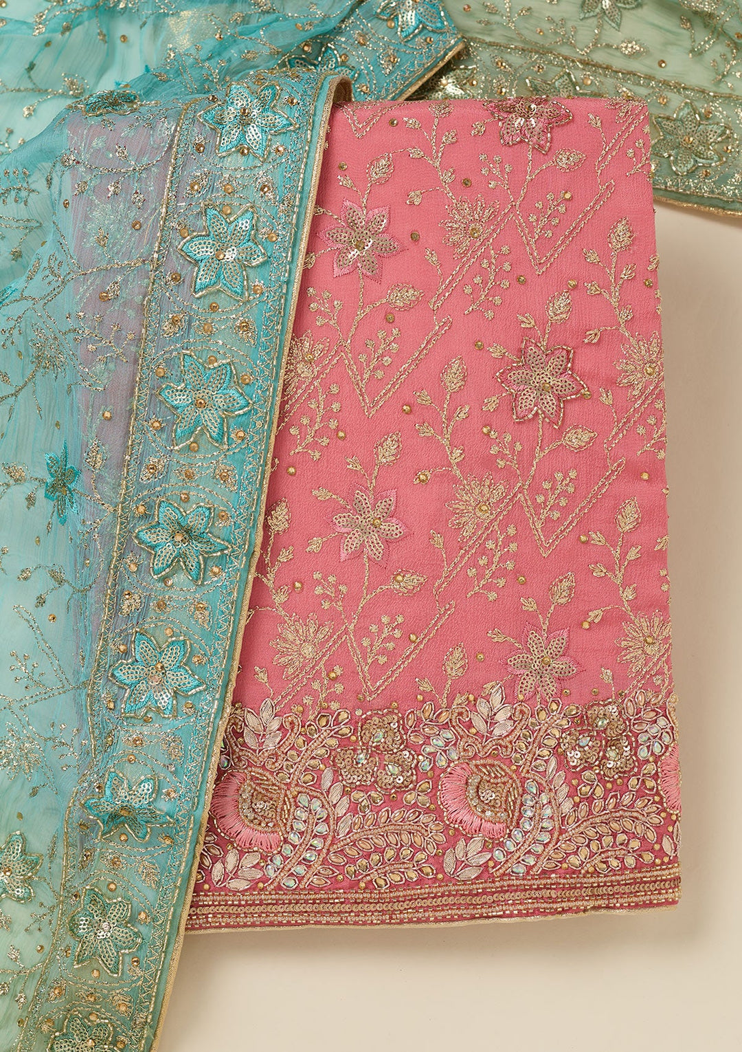 Peach Zariwork Georgette Unstitched Salwar Suit-koskii