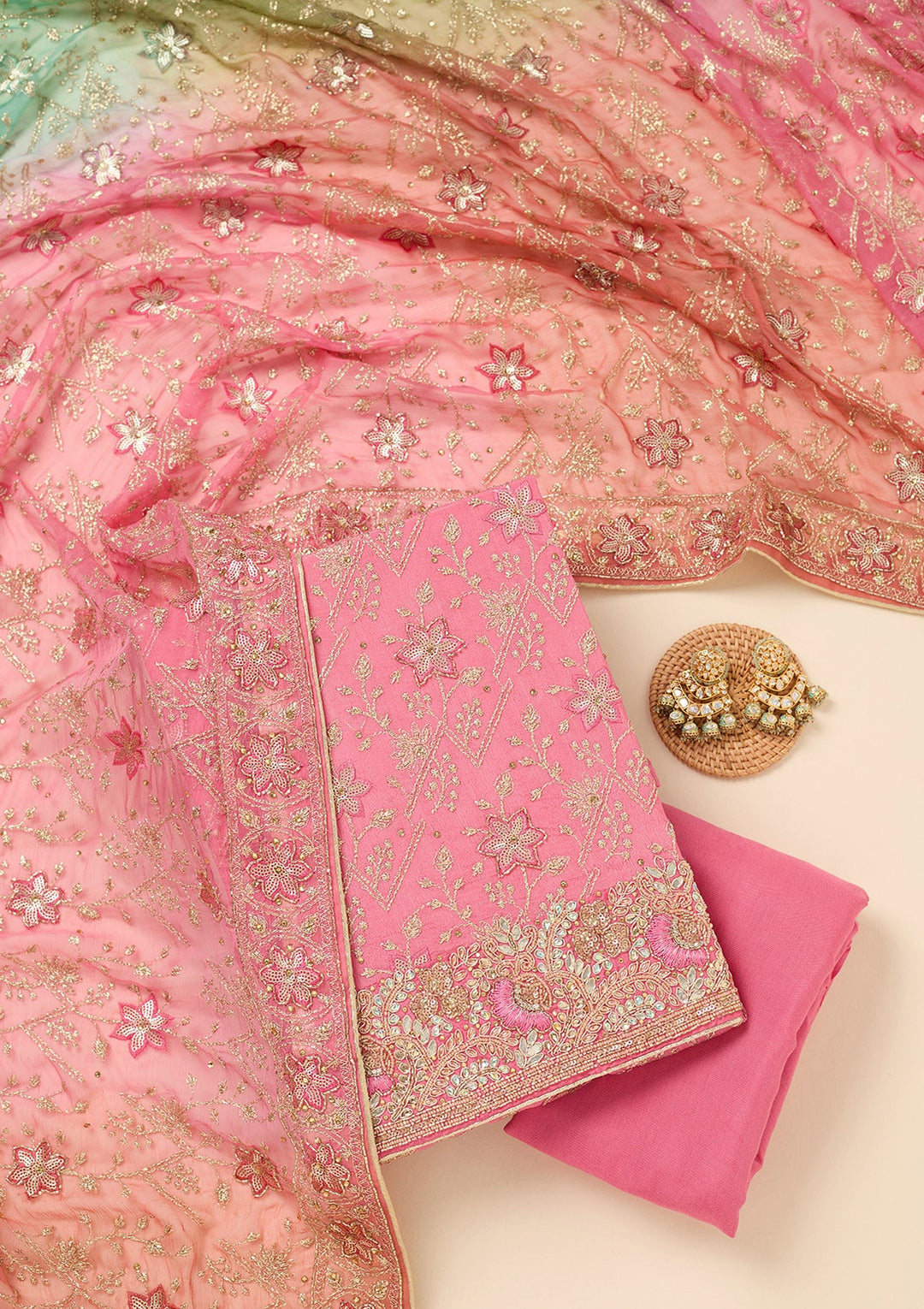 Pink Zariwork Georgette Unstitched Salwar Suit-koskii