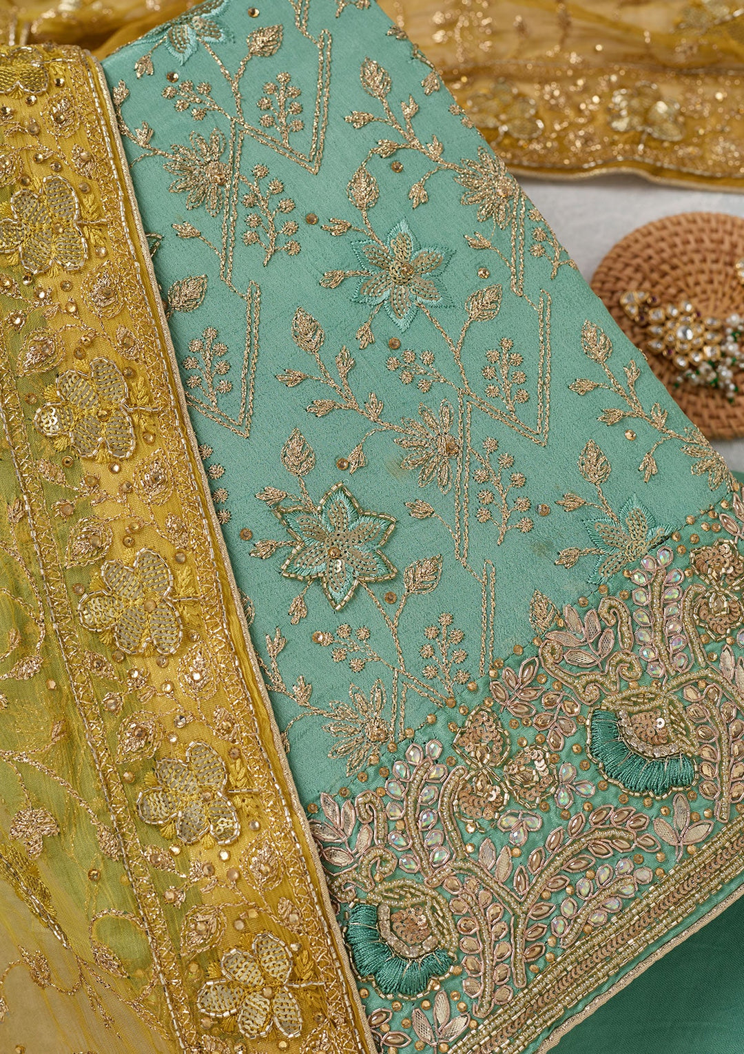 Sea Green Zariwork Georgette Unstitched Salwar Suit-koskii