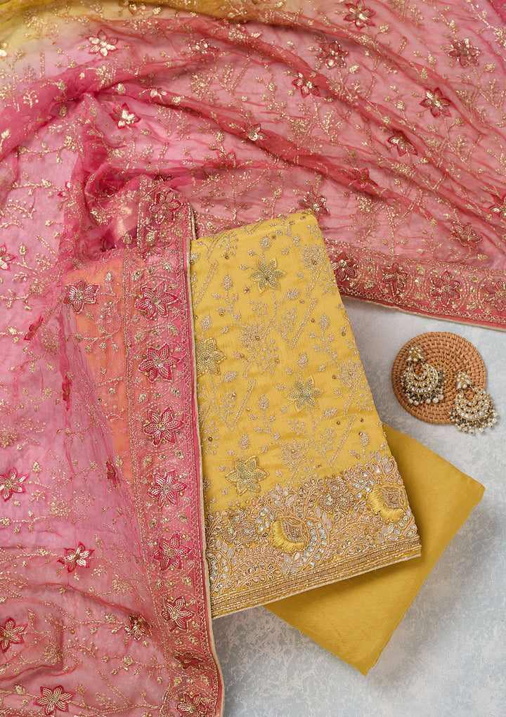 Yellow Zariwork Georgette Unstitched Salwar Suit-koskii