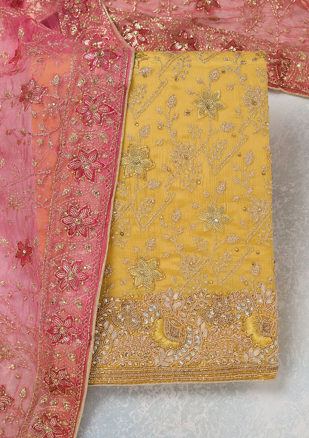 Yellow Zariwork Georgette Unstitched Salwar Suit-koskii